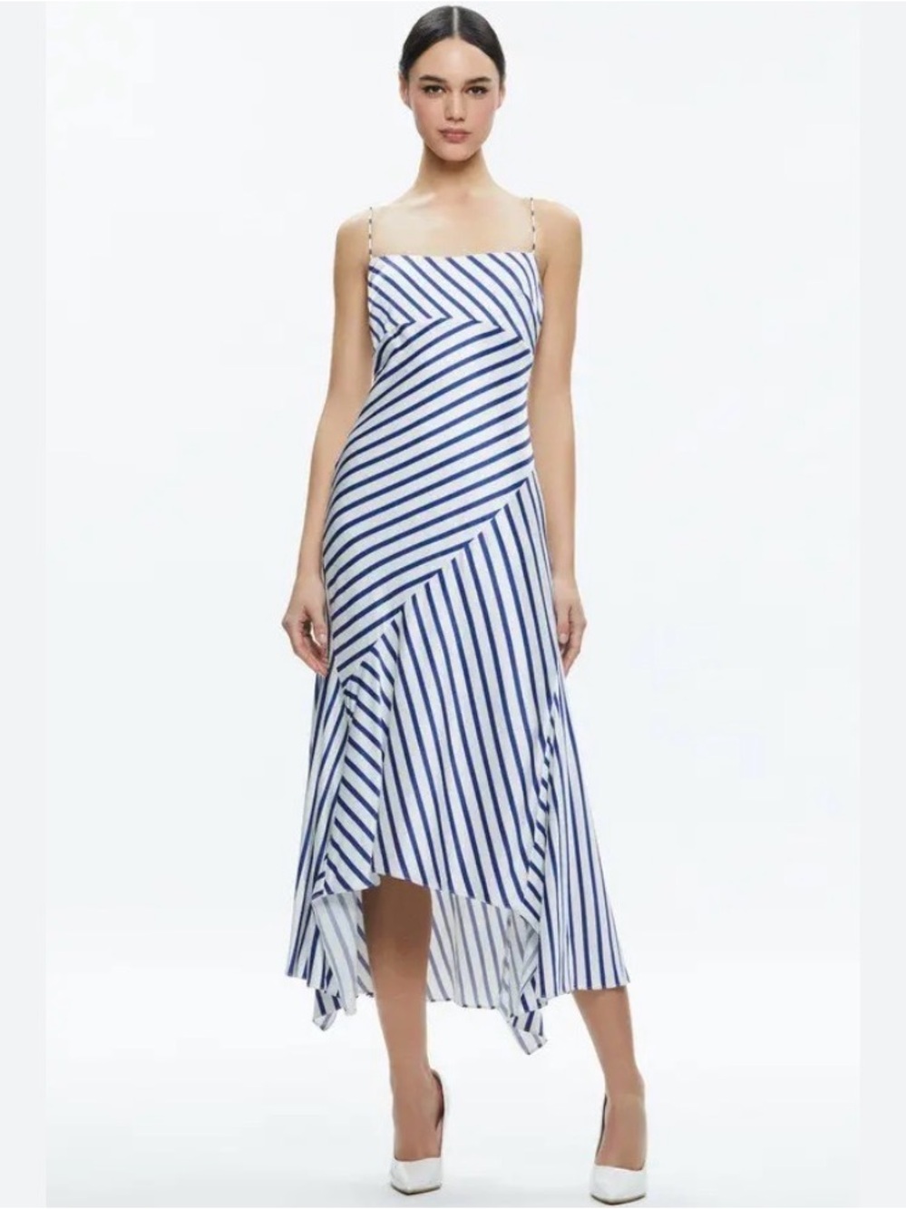 Alice + Olivia Rosa Satin Navy White Striped Handkerchief Slip Midi Dress [TE]